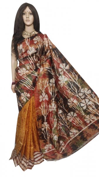 Maroon,black,white and mustard yellow hand painted Bshnupuri silk saree